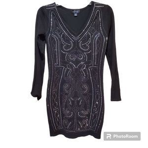 Women's Say What Black Knit Beaded Bodycon Mini Dress Long Sleeve Sz M